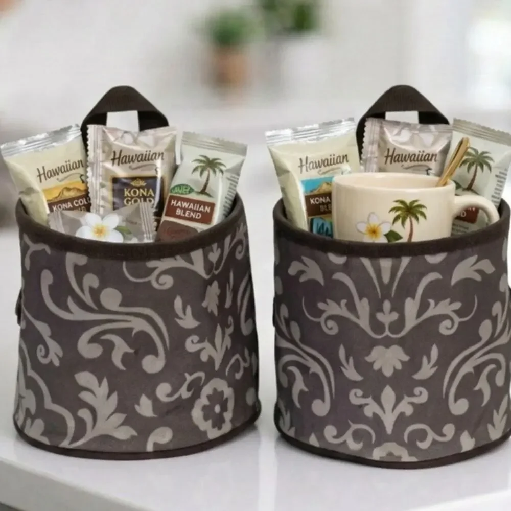 Thirty One Oh-Snap Bins, Set of 2, Gray With Tan Pattern, Dark Brown Trim/Bottom